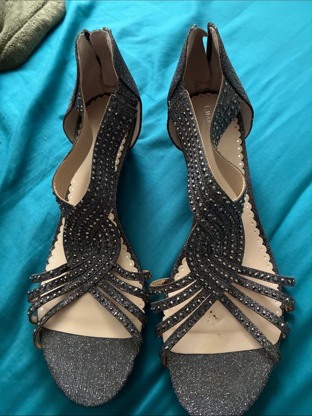 Charter Club Black Glitter Strappy Heels with Rhinestone Accents